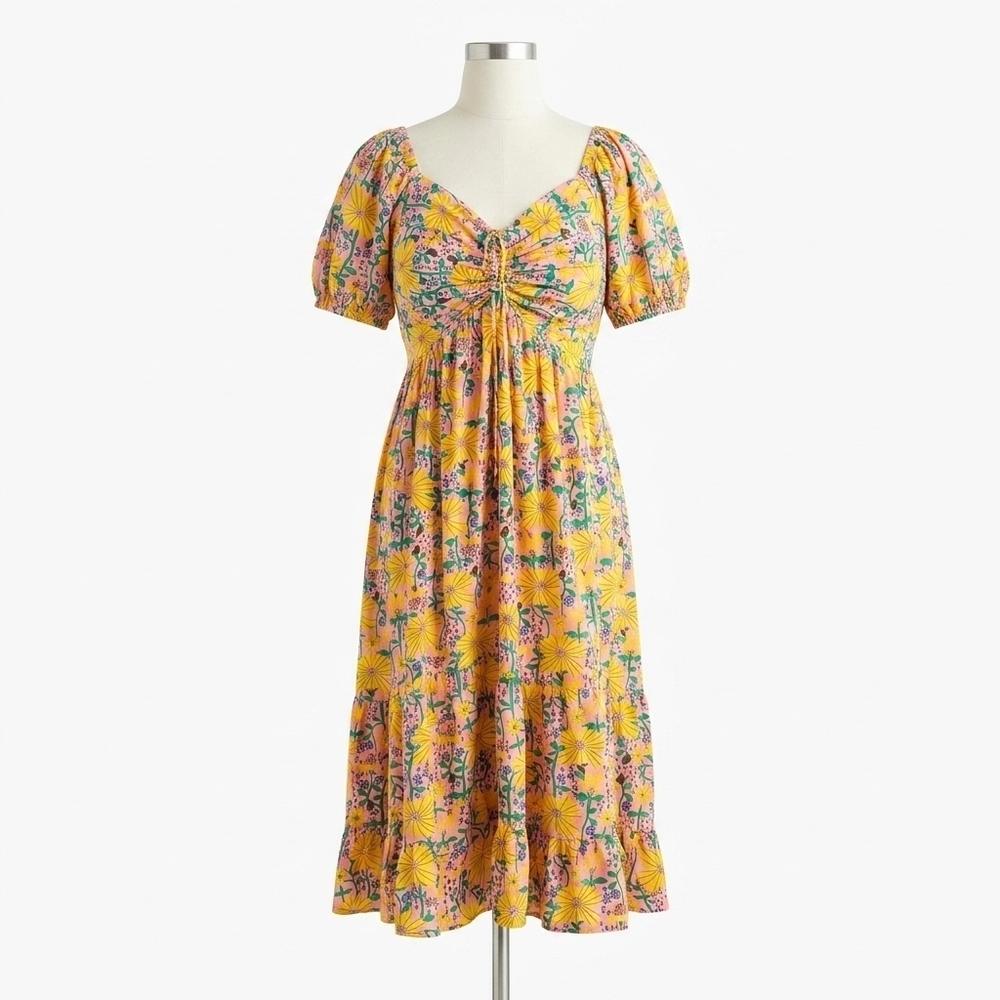 NEW VOY drawstring tie puff sleeve midi print dress in yellow